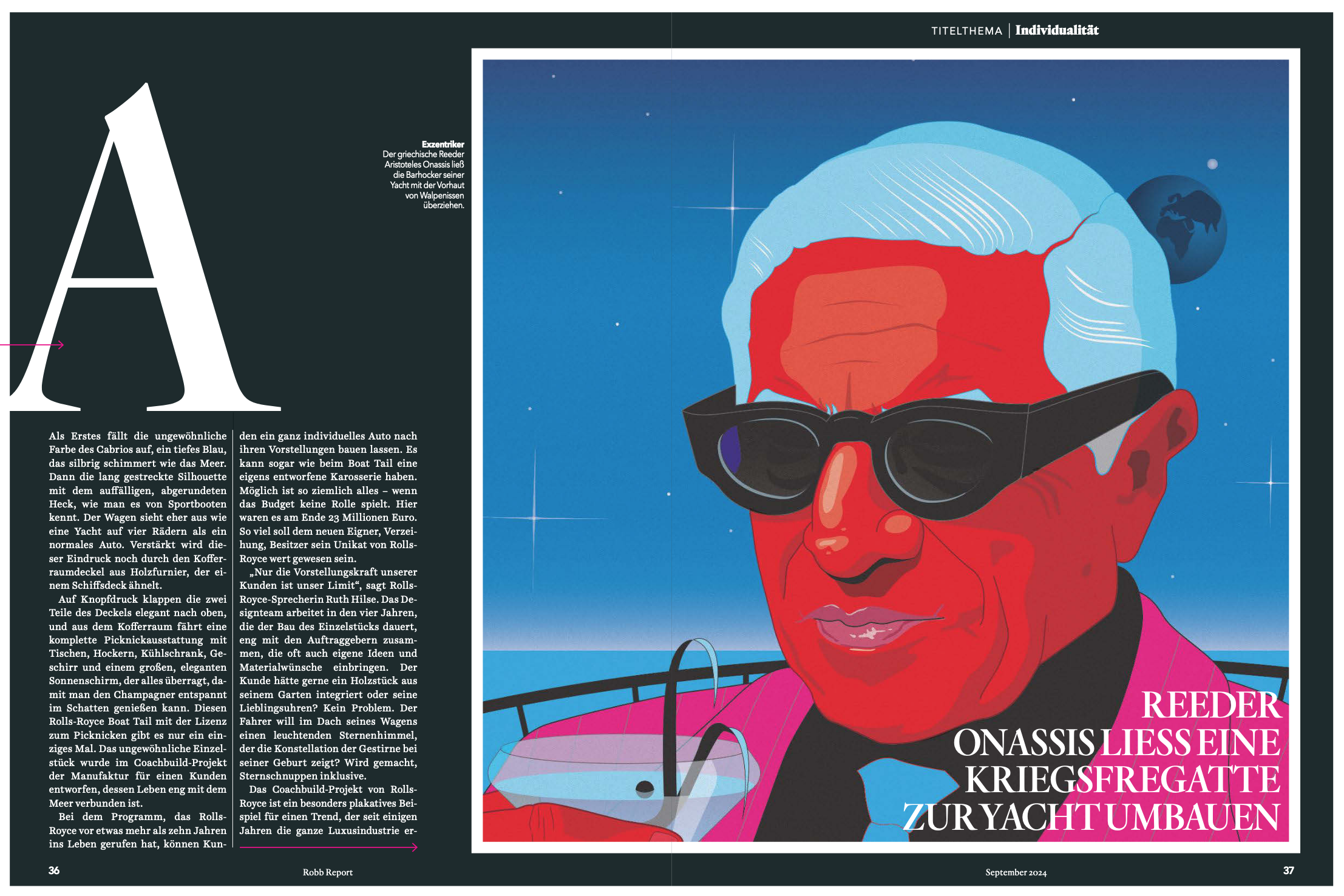 Illustration of a man in sunglasses with a drink on a yacht, under a blue sky with a planet. The image accompanies a magazine article.