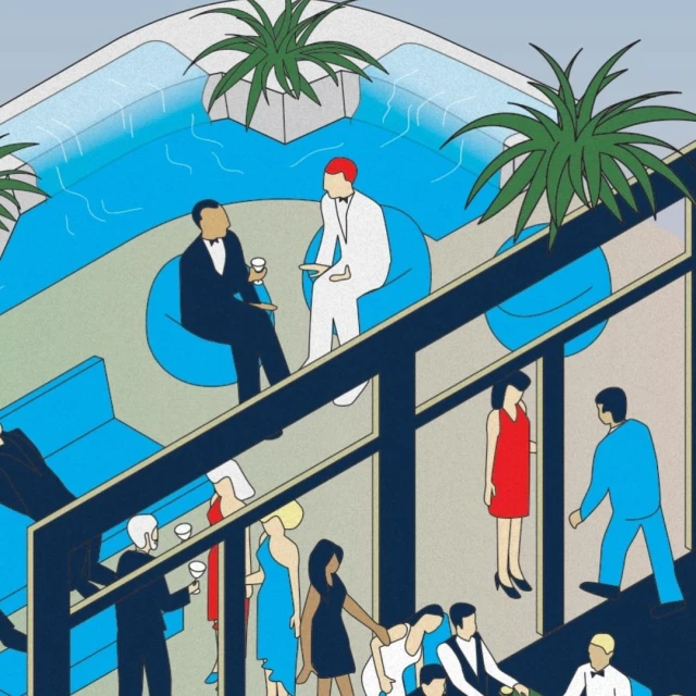 Illustration showing an indoor party with a diverse group of people in formal attire, including a swimming pool and potted plants.