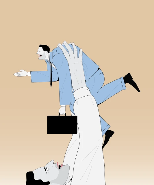 Illustration of two men in suits; one man holds the other up above his head.