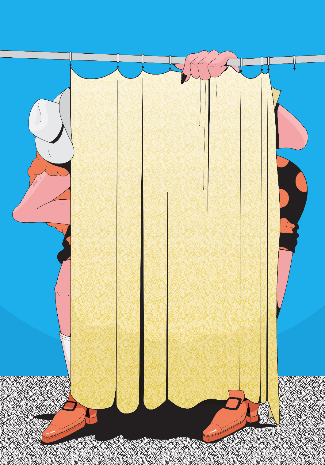 Illustration of two women in retro style behind a yellow curtain, one wearing a white hat and a polka-dot dress, both wearing orange shoes.