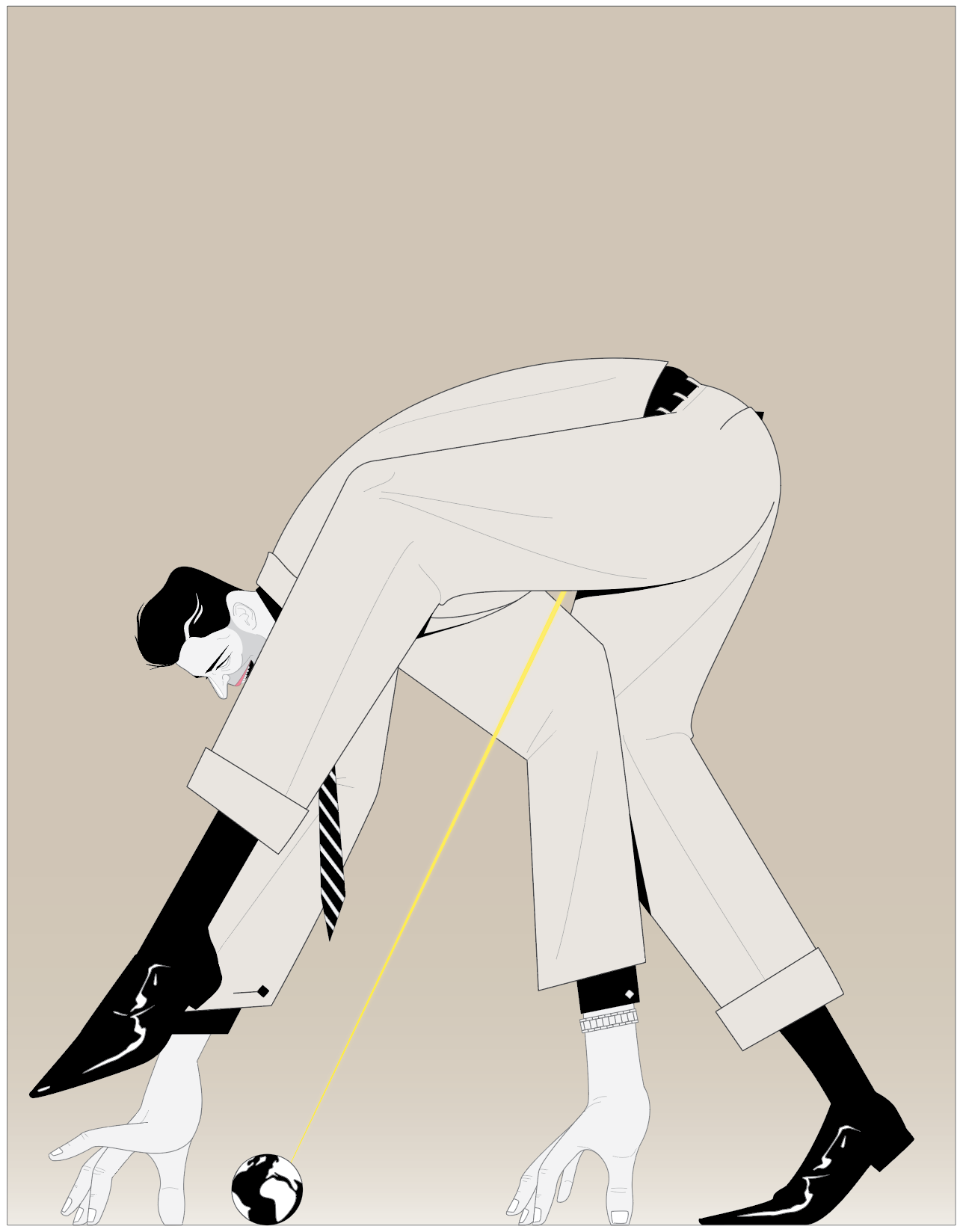 Illustration of a man in a suit bent over with one hand on a globe, depicted in a stylized vector art style against a neutral backdrop.
