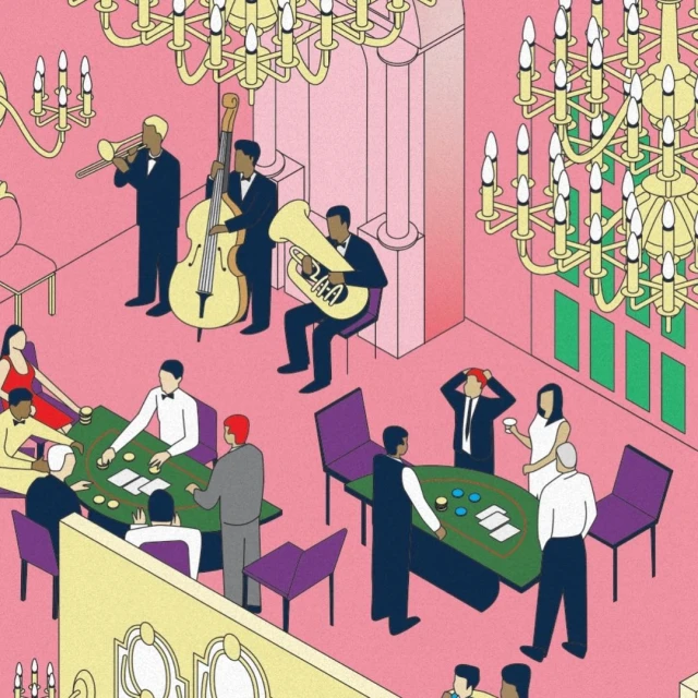 Illustration of a pink casino interior with chandeliers, musicians playing instruments, and groups of people gathered at tables playing cards.