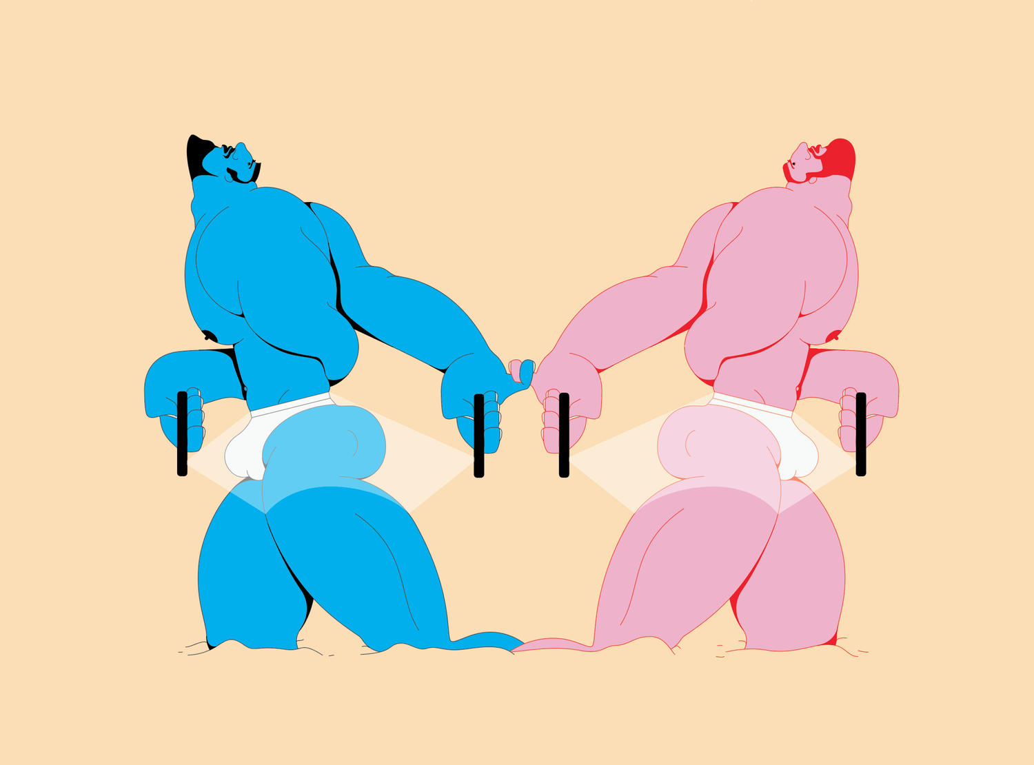 Two cartoon sumo wrestlers, one pink and one blue, face each other with hands outstretched against a cream-colored background.