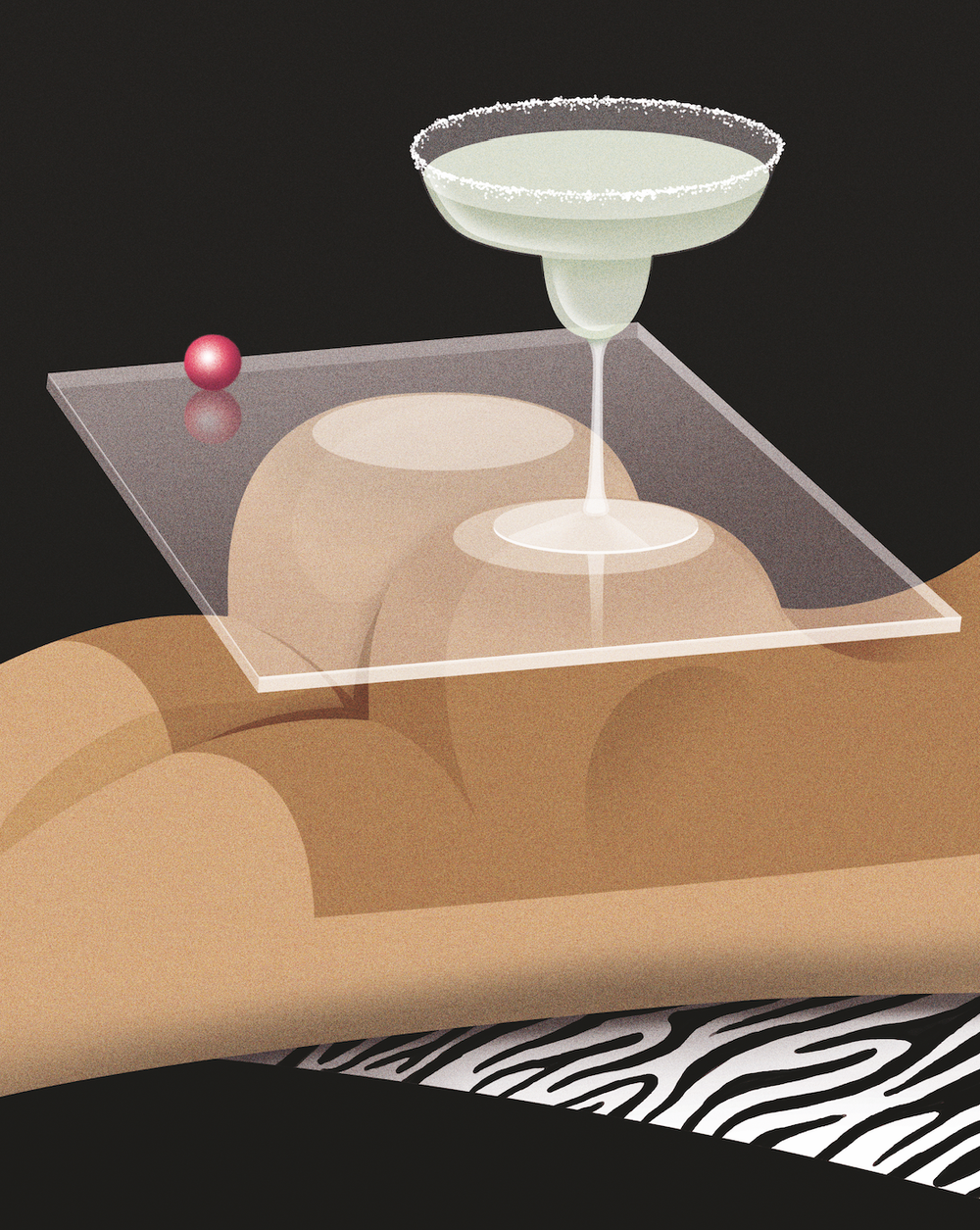 Illustration of a margarita glass on a clear surface, with a human form and a zebra print surface visible below.