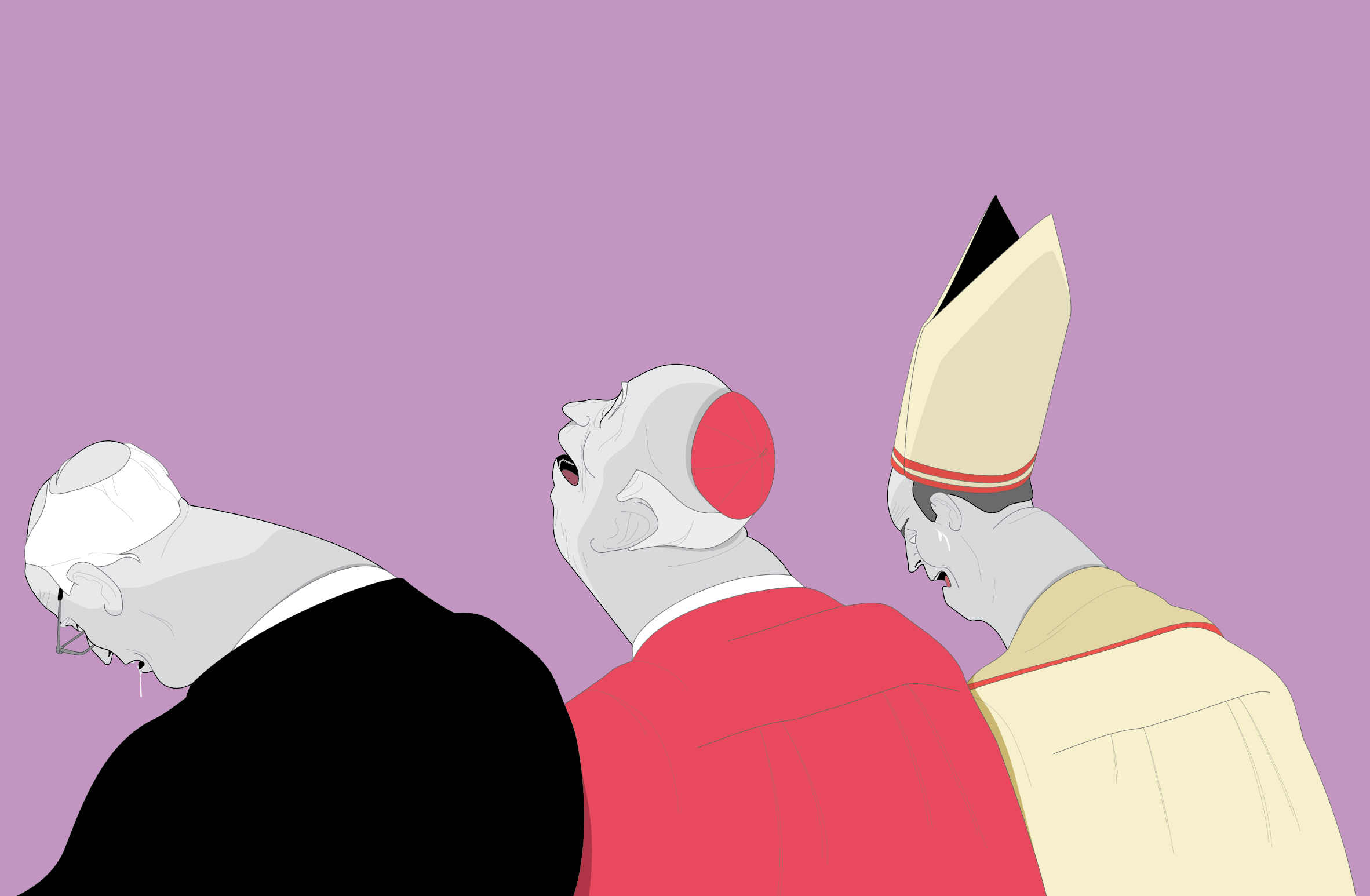 Illustration of three clergymen in black, red, and white robes with matching headwear, standing in a row on a lavender background.