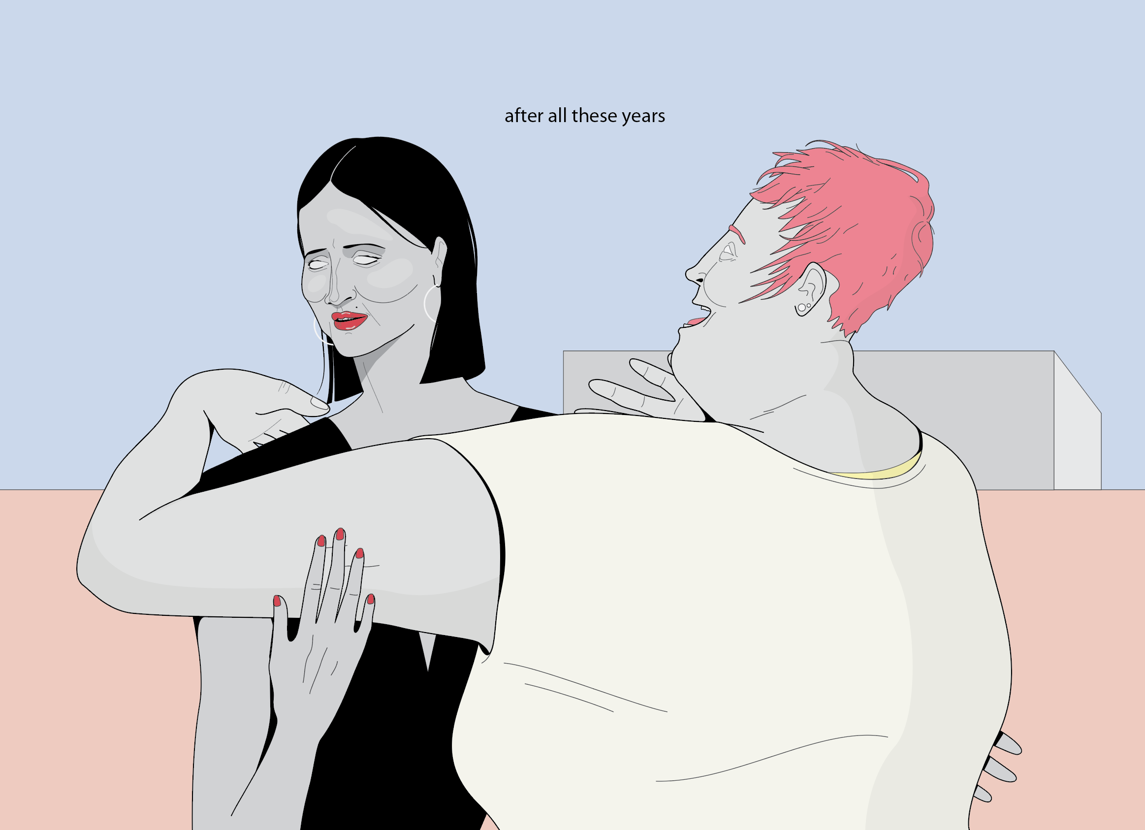 Illustration of two women hugging; one in black dress, the other in white shirt. Soft pastel colors, line art, blocky forms, bold color blocks.