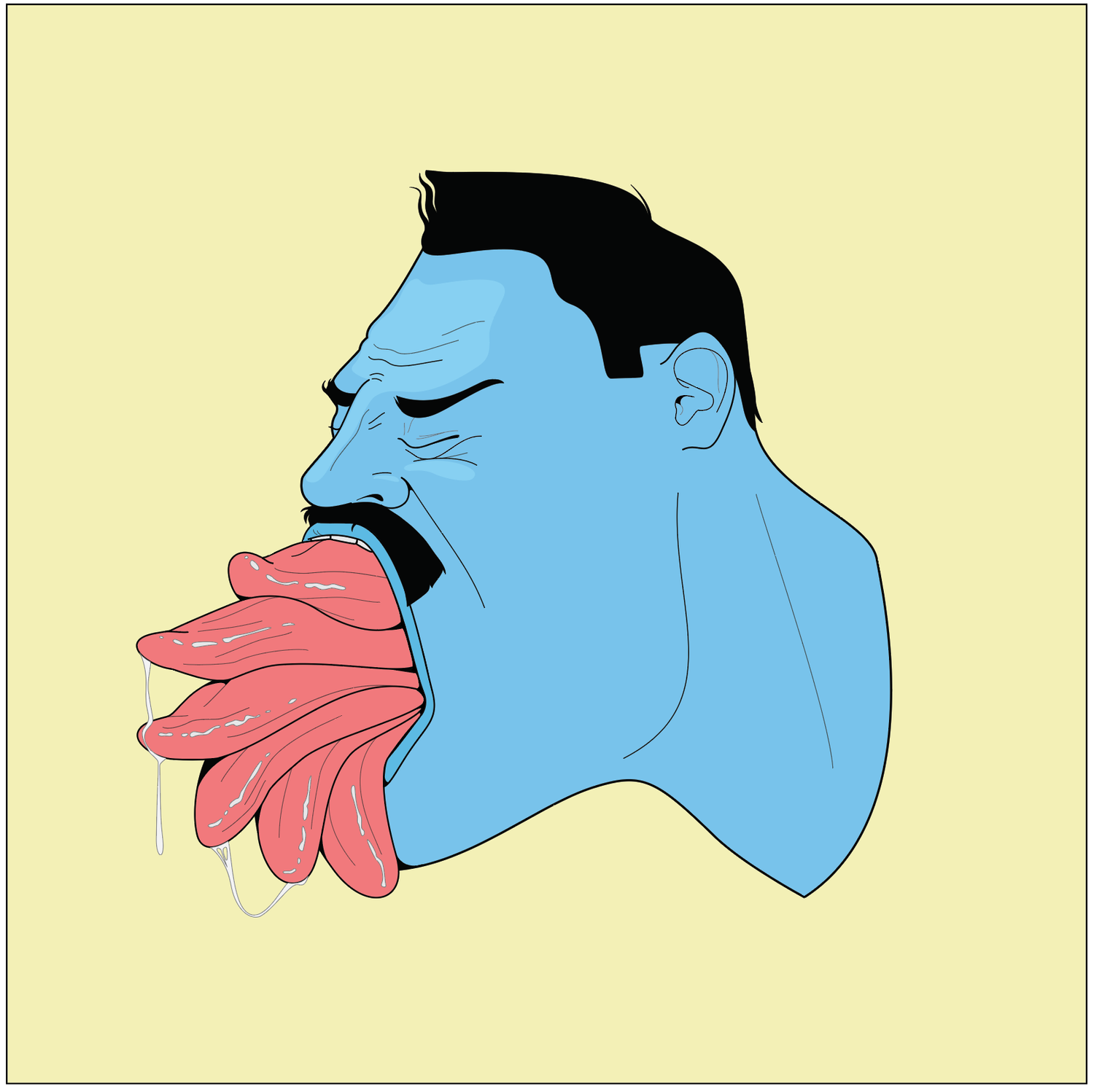 Stylized vector graphic of a blue-skinned man with a mustache, eyes closed, and mouth filled with pink tongues against a pale yellow background.