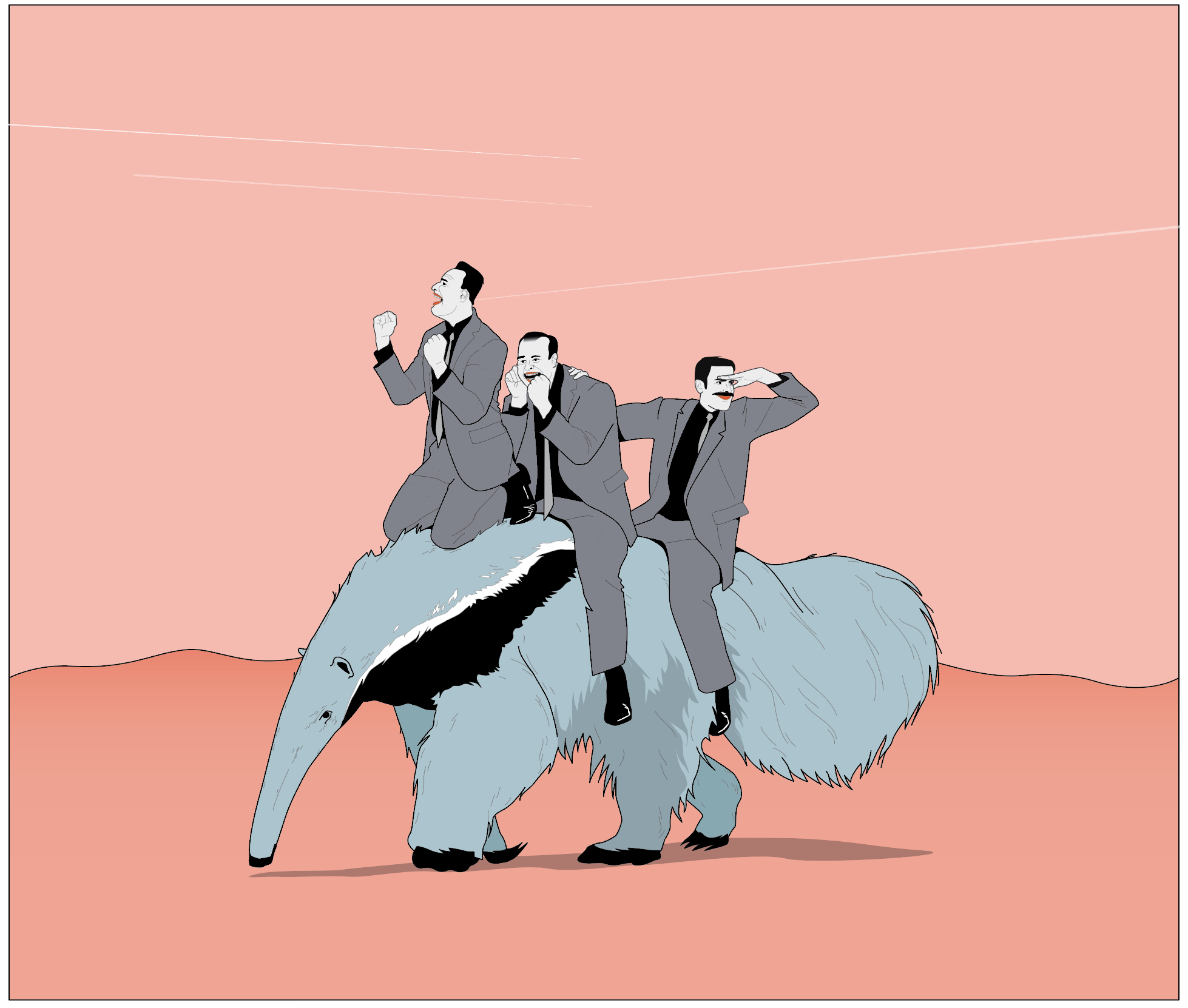 Illustration featuring three businessmen riding on an anteater against a peach background, creating a surreal, whimsical scene.