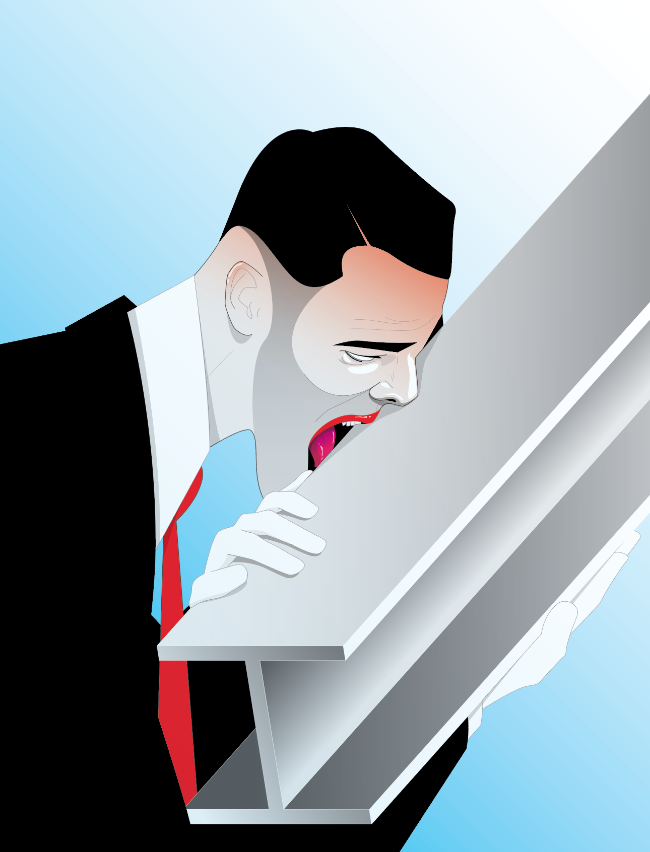 Illustration of a man in a suit biting into a grey steel I-beam against a gradient blue and white background in a conceptual image.