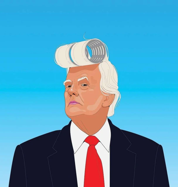 Illustration of a person with hair rollers wearing a suit, tie and collared shirt against a blue gradient background.