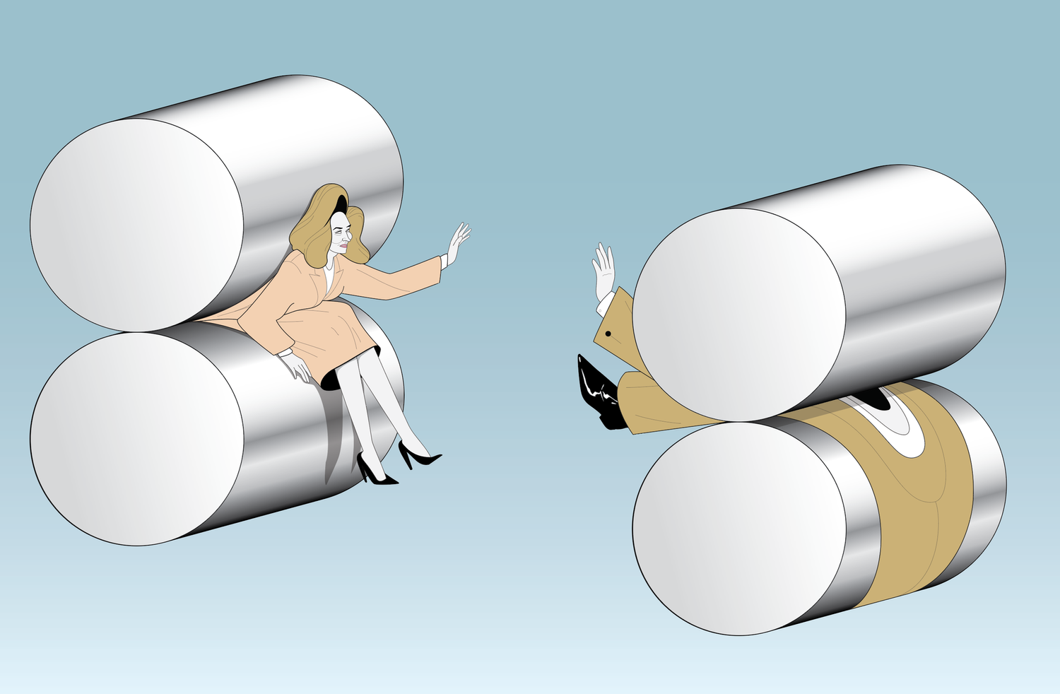 Digital illustration of a woman and a man on opposite sides, both seated on metal rollers, gesturing to each other on a light blue background.