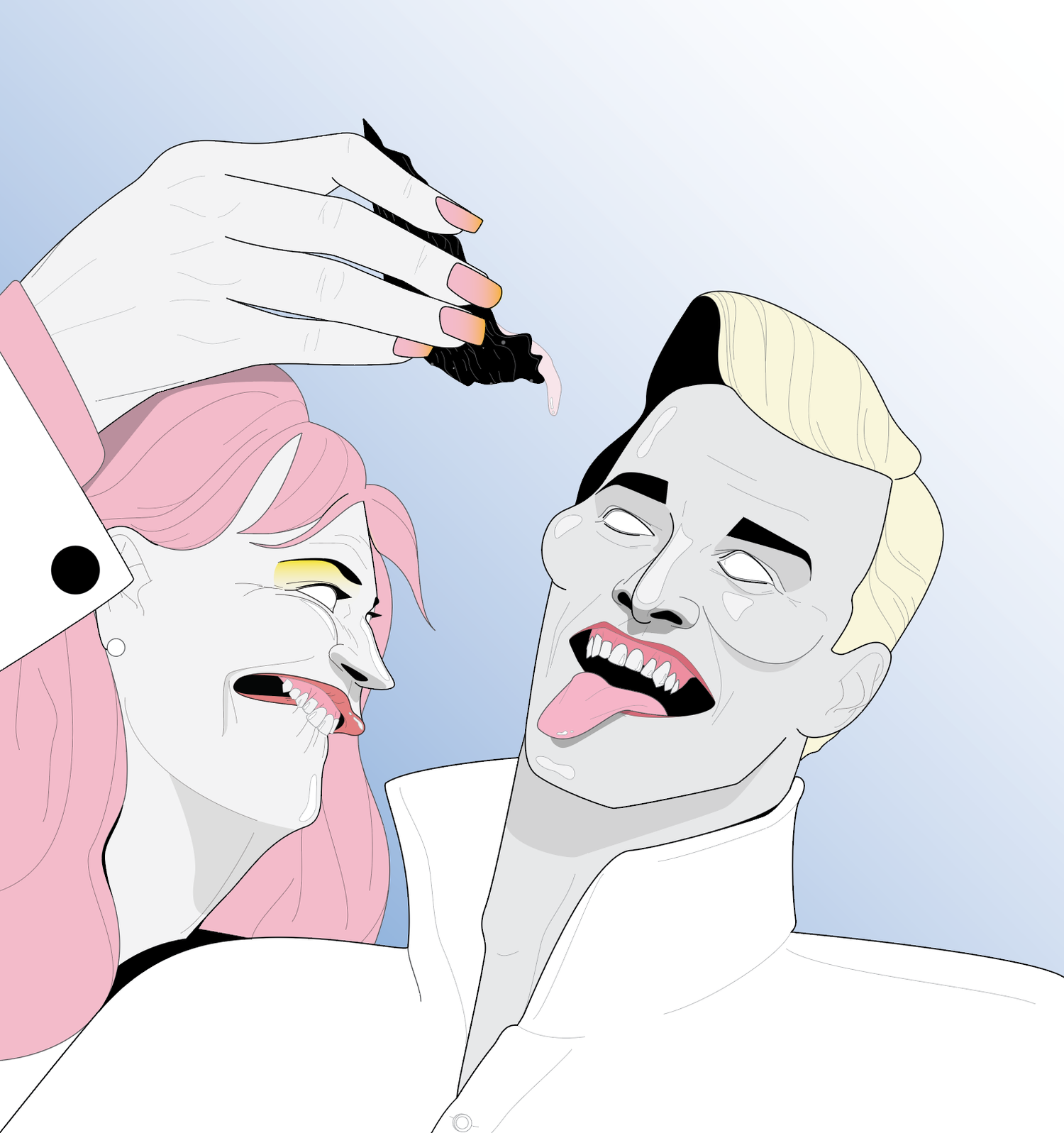 Illustration of a man and a woman with exaggerated facial features and expressions, with a hand above them holding something dark.