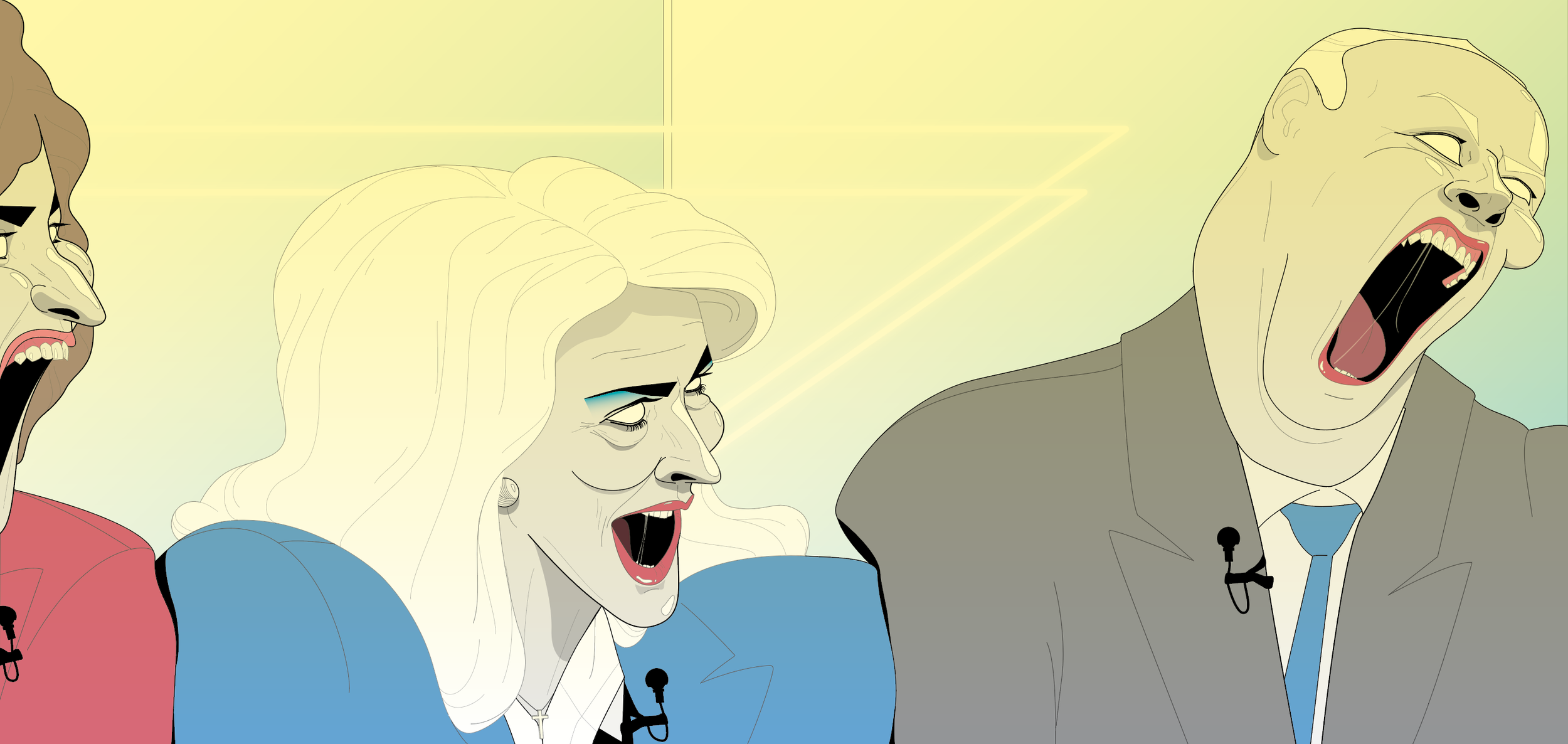 Illustration of three people wearing business attire with open mouths and microphones, set against a yellow backdrop. Cartoon style.