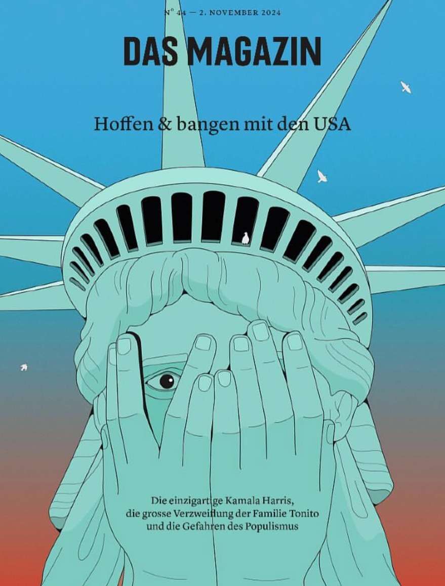 Illustration of the Statue of Liberty with hands covering its eyes, evoking feelings of uncertainty and concern. Magazine cover design.