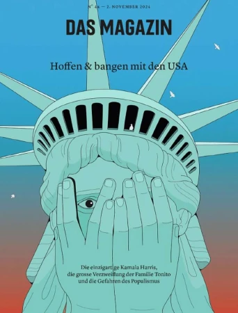 Illustration of the Statue of Liberty with hands covering its eyes, evoking feelings of uncertainty and concern. Magazine cover design.