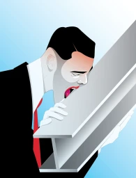 Illustration by Casa Matze showing a man in a black suit biting a large steel I-beam against a gradient sky background