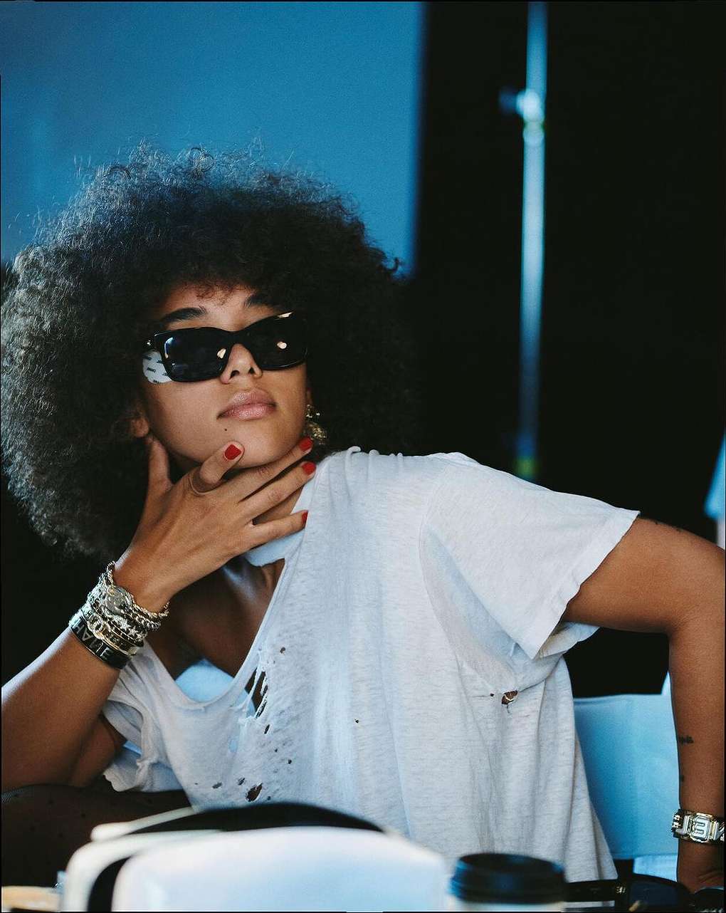 A woman with dark, curly hair and sunglasses poses indoors, wearing a ripped white t-shirt and jewelry, set against a blurred blue background.