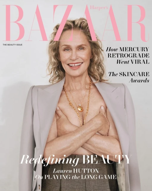 Fashion magazine cover featuring an older adult woman, Lauren Hutton, wearing a blazer and gold necklaces against a plain background.