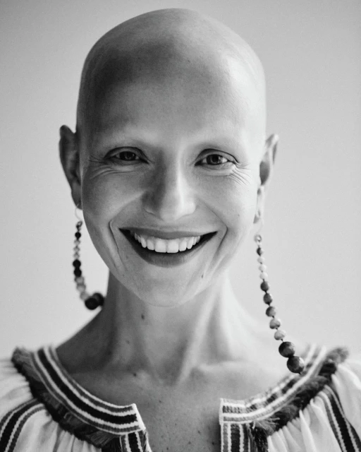 Close-up portrait of a smiling, bald adult woman with long, beaded earrings, wearing a striped blouse, against a neutral background.
