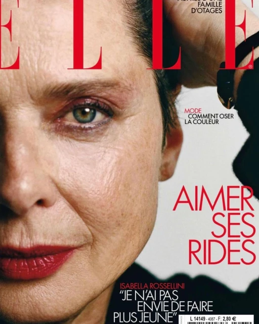 Magazine cover featuring Isabella Rossellini in a close-up portrait with visible wrinkles, red lipstick, and the 'ELLE' logo.