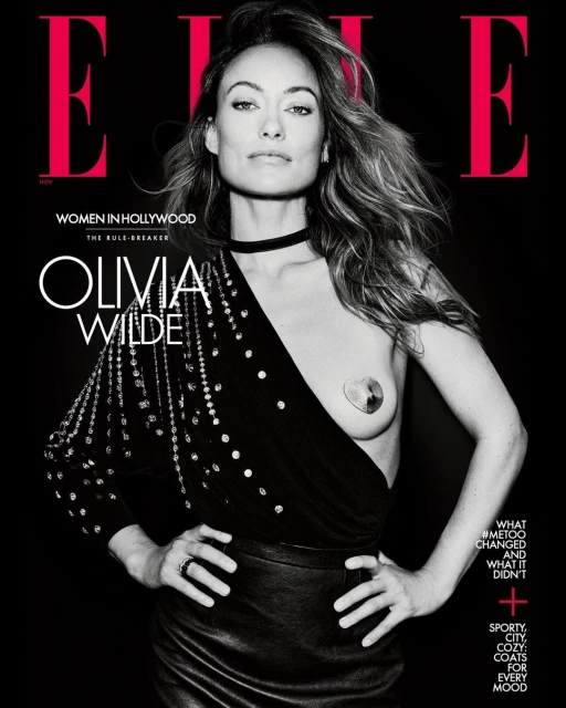 Olivia Wilde covers ELLE Women in Hollywood, wearing a black top and skirt against a black background with red letters.   