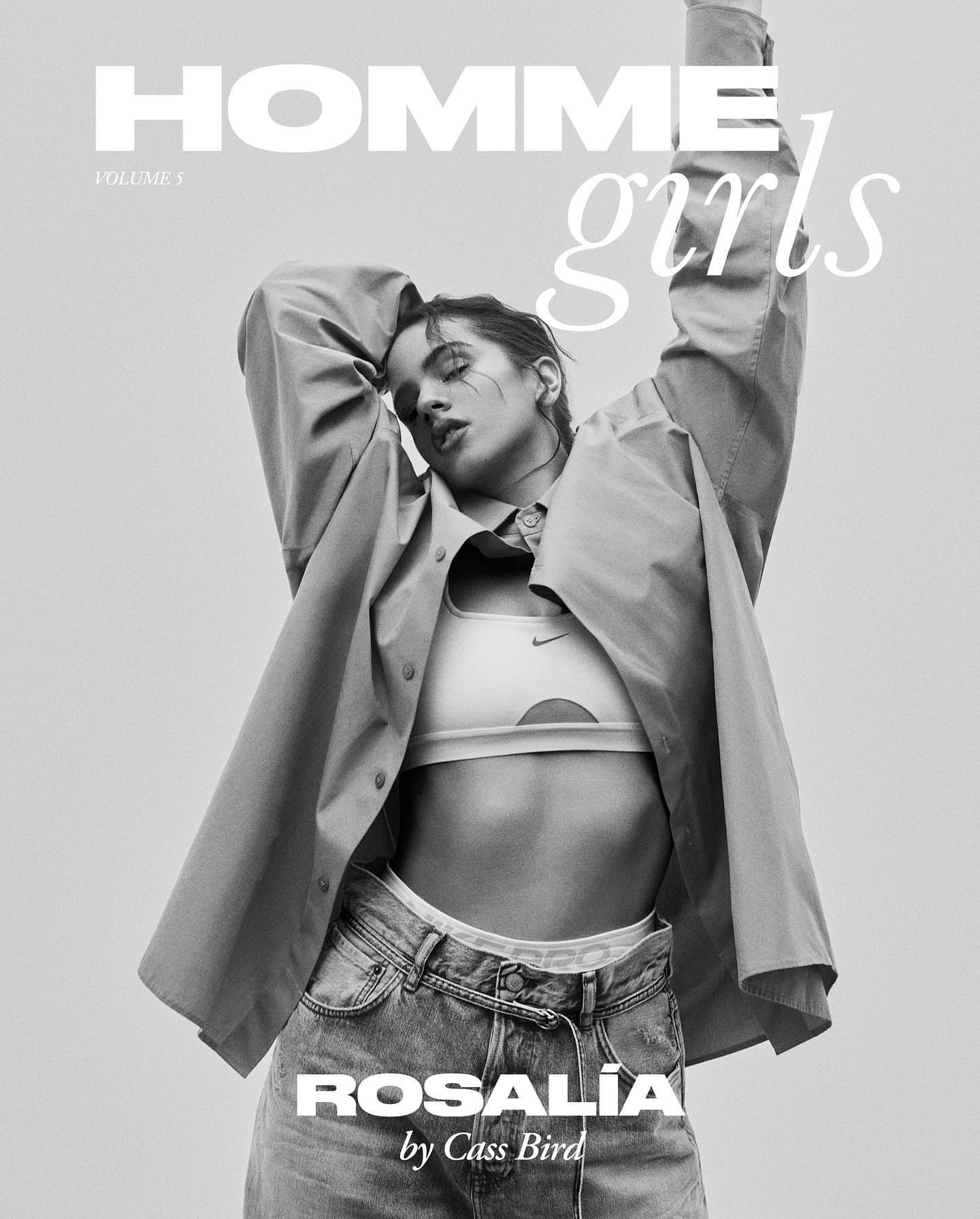 Black and white fashion magazine cover featuring a woman in a sports bra, jeans, and unbuttoned shirt striking a pose.