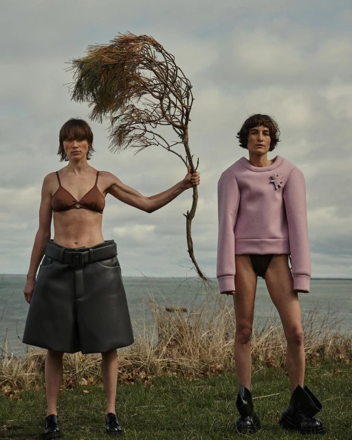 Two women pose outdoors near the sea, one holding a branch, wearing unique modern clothing in a conceptual fashion editorial.