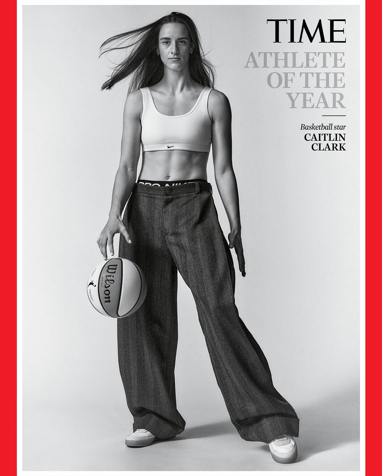 Athlete Caitlin Clark poses in a black and white portrait on the cover of TIME magazine, holding a Wilson basketball and wearing sports attire.