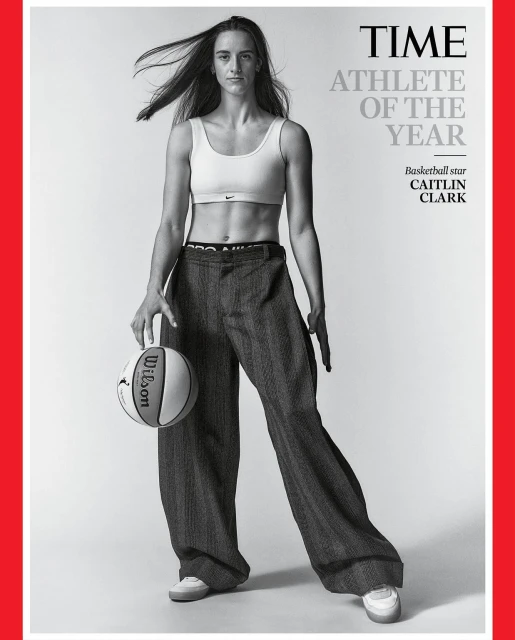Athlete Caitlin Clark poses in a black and white portrait on the cover of TIME magazine, holding a Wilson basketball and wearing sports attire.