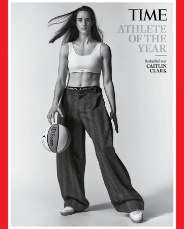 Athlete Caitlin Clark poses in a black and white portrait on the cover of TIME magazine, holding a Wilson basketball and wearing sports attire.