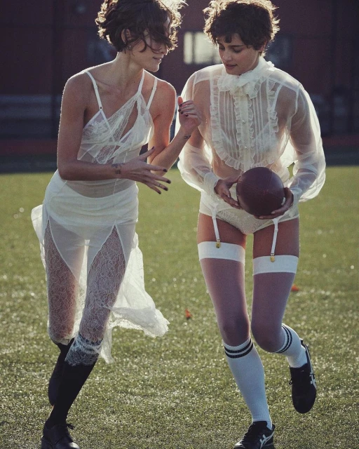 Two women in lingerie and athletic socks play American football on grass field in outdoor setting, editorial fashion shot.