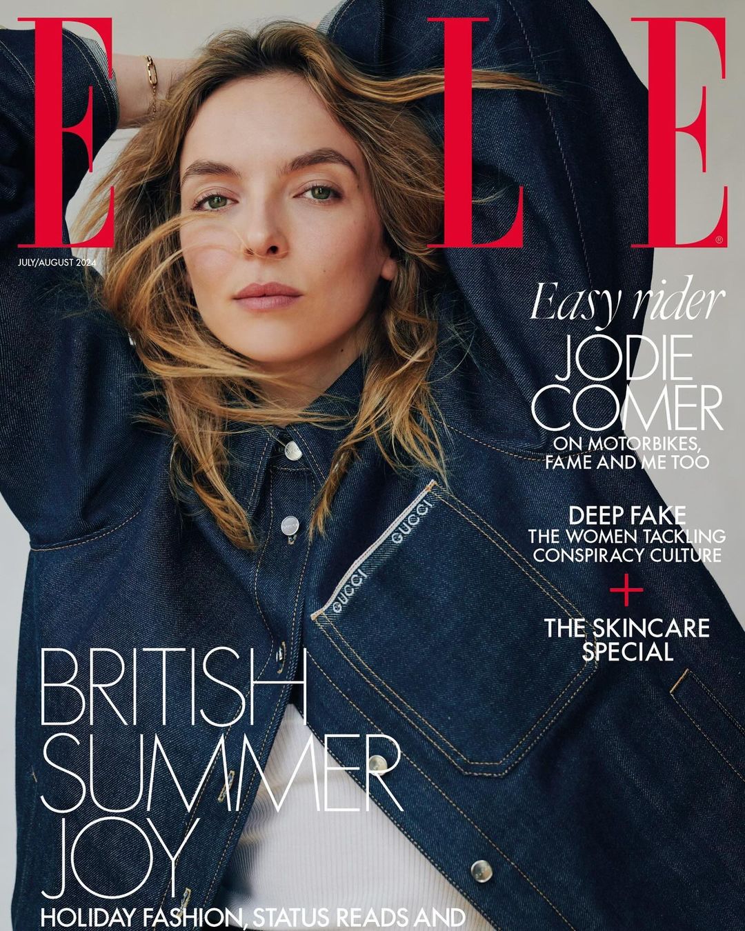 Elle magazine cover featuring Jodie Comer wearing a denim jacket, with a light background and large, bold red magazine title.