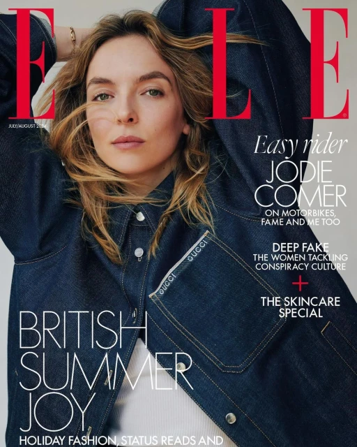 Elle magazine cover featuring Jodie Comer wearing a denim jacket, with a light background and large, bold red magazine title.