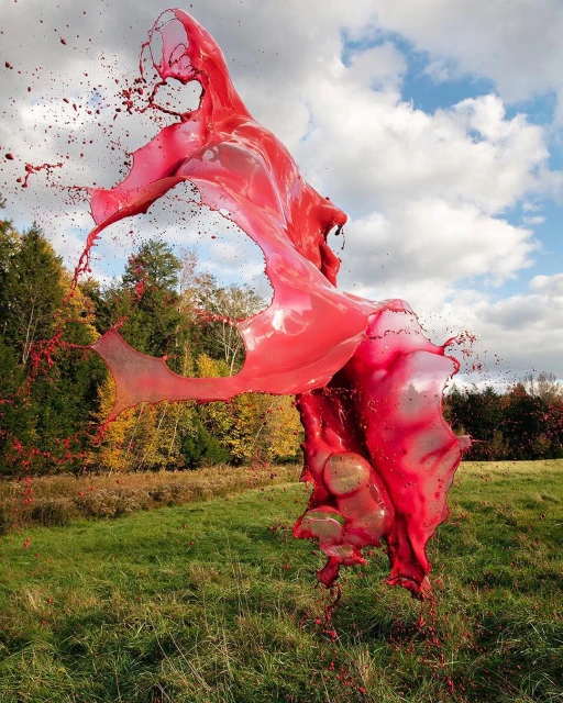 Dynamic shot of red paint suspended mid-air against an outdoor backdrop with trees and a partly cloudy sky. Abstract form.