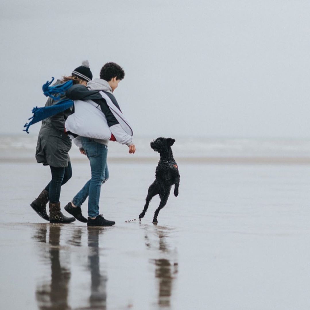Two adults and a black dog playing fetch together on a wet beach on an overcast day. Blue scarf, jacket, jeans, beanie.