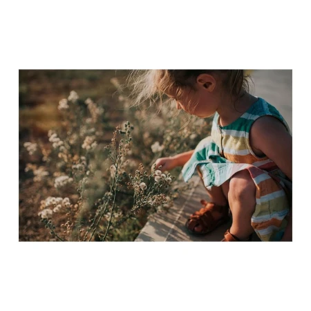 Young child in a striped dress crouching outdoors touching wildflowers by a stone ledge