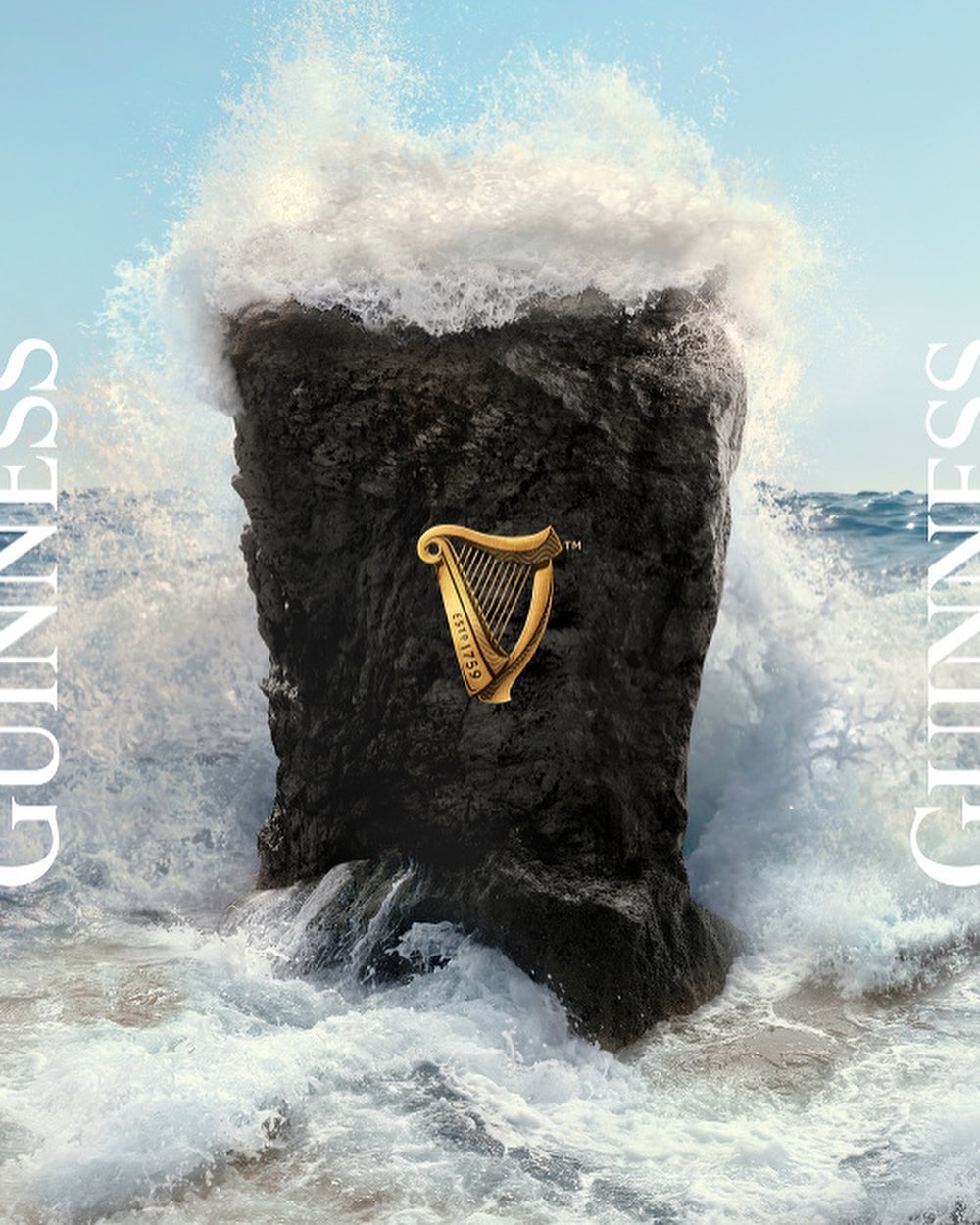 Guinness stout visual with a wave crashing over the beer to create the effect of a pint being poured, with the brand logo.