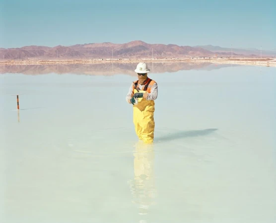 A worker wearing a hardhat and yellow waterproof overalls stands in shallow water with mountains and blue sky in the background.