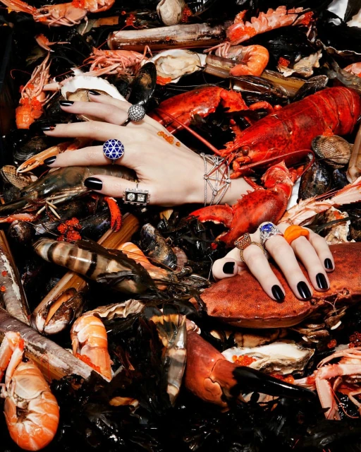 Overhead studio shot of a person's hands adorned with rings, emerging from a vibrant array of seafood, including lobsters and oysters.