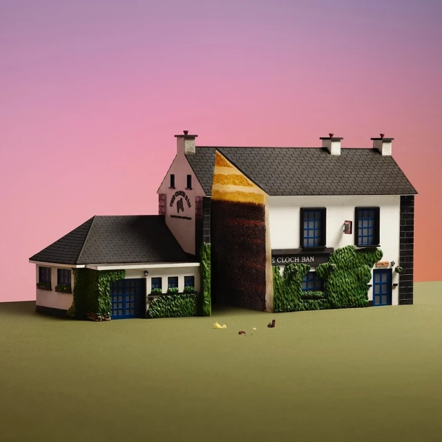 Architectural model of a two-story white building with black shingled roof, green vine accents, and logo on a pink gradient backdrop.