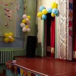 Stage decorated with yellow and blue balloons and floral displays against distressed green walls by Catherine Losing