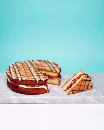 A sliced sponge cake decorated with a plaid pattern sitting on a marble surface against a bright turquoise background