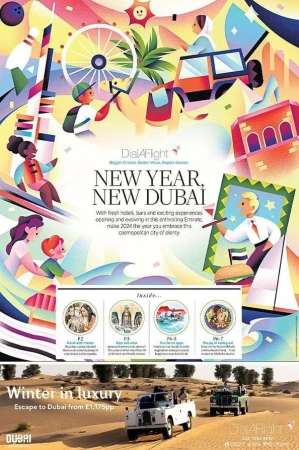 Colorful and whimsical travel ad for Dubai featuring illustrations of people, landmarks, and activities against a bright, geometric background.