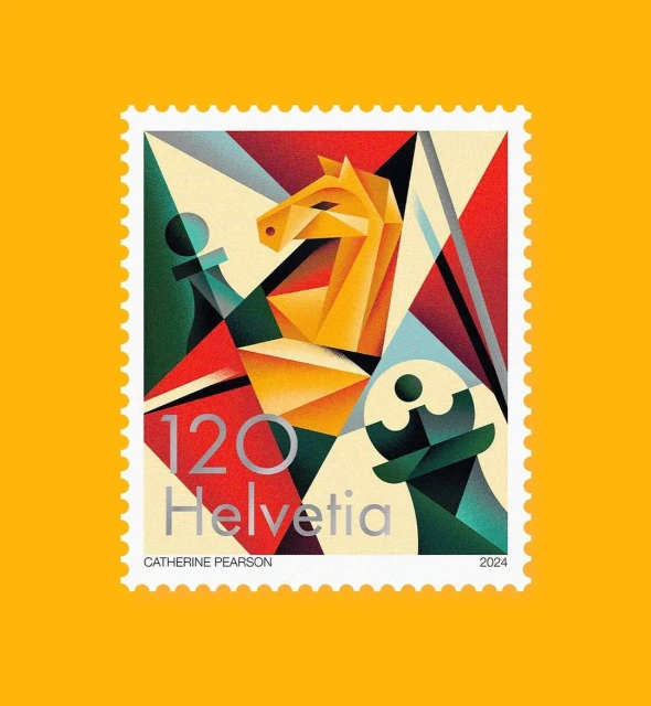 Graphic art on a postage stamp featuring a chess set and a horse head in red, yellow, blue, and green against an orange background.