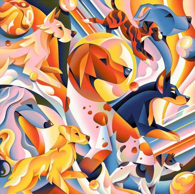 Abstract illustration featuring multiple dogs in shades of orange, white, yellow, and blue with triangular and circular elements in the background.