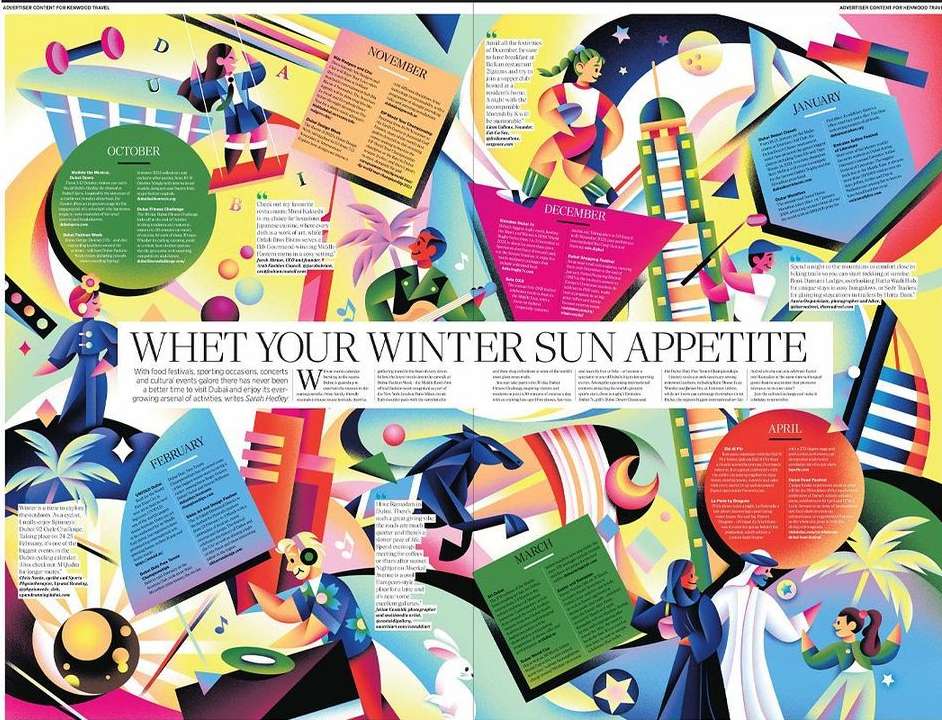 Colorful seasonal travel planning illustration. Calendar months with stylized figures and tropical elements. Magazine spread design.