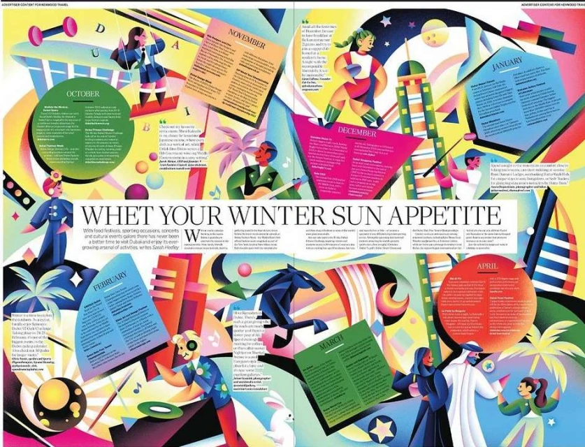 Colorful seasonal travel planning illustration. Calendar months with stylized figures and tropical elements. Magazine spread design.
