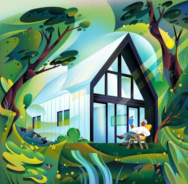 Illustration of a modern white house with black trim surrounded by lush green trees, with an adult reading in a chair on the lawn.