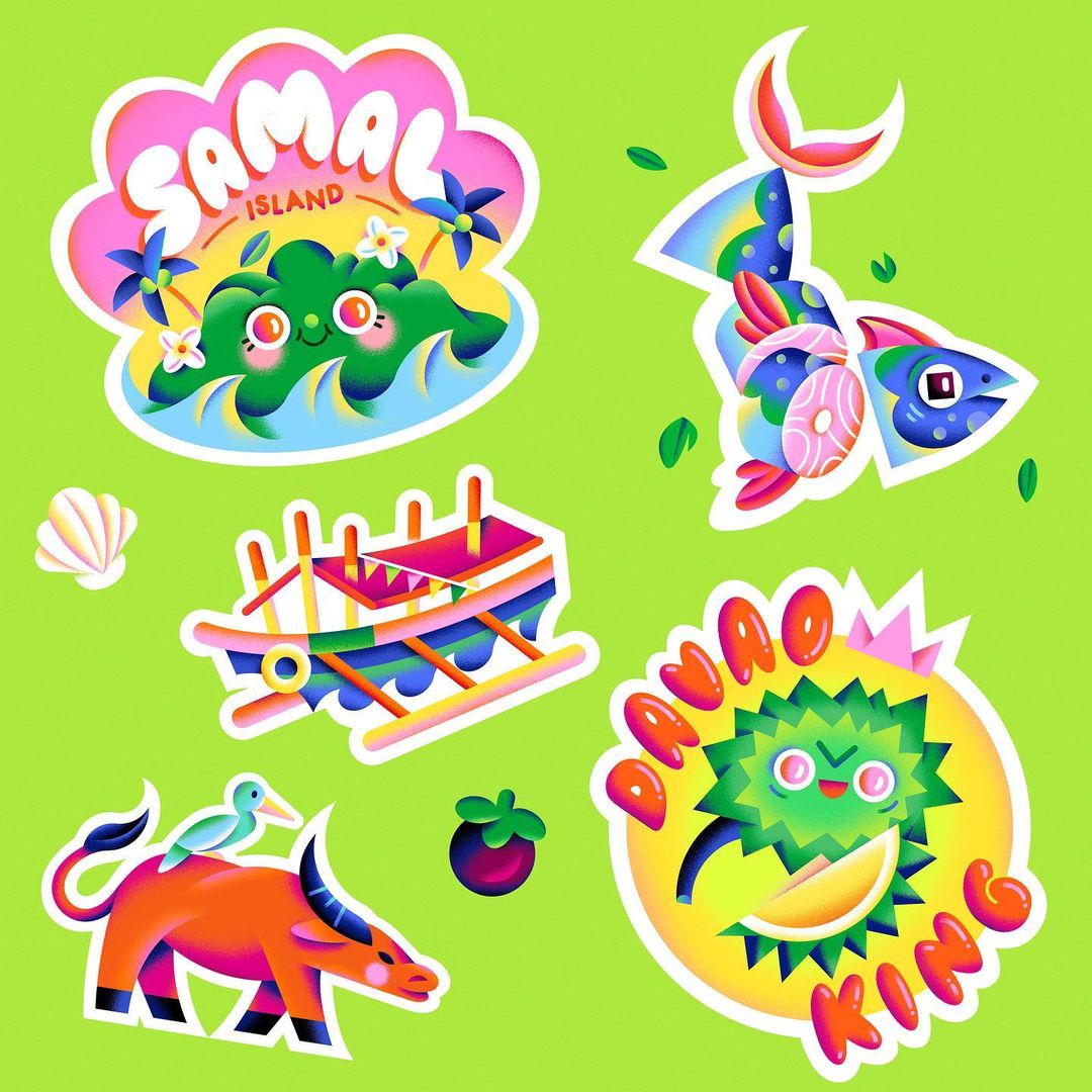 Whimsical cartoon-style illustration of travel stickers: Samal Island, Davao King Durian, a fishing boat, water buffalo, fish, and tropical fruit.