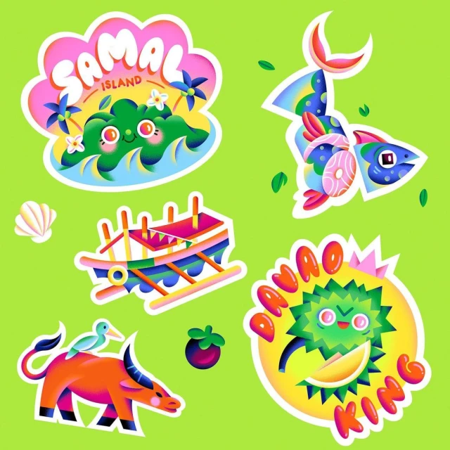 Whimsical cartoon-style illustration of travel stickers: Samal Island, Davao King Durian, a fishing boat, water buffalo, fish, and tropical fruit.